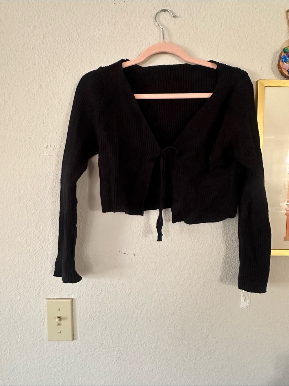 L Black Ribbed Cardigan w/Neck Tie
